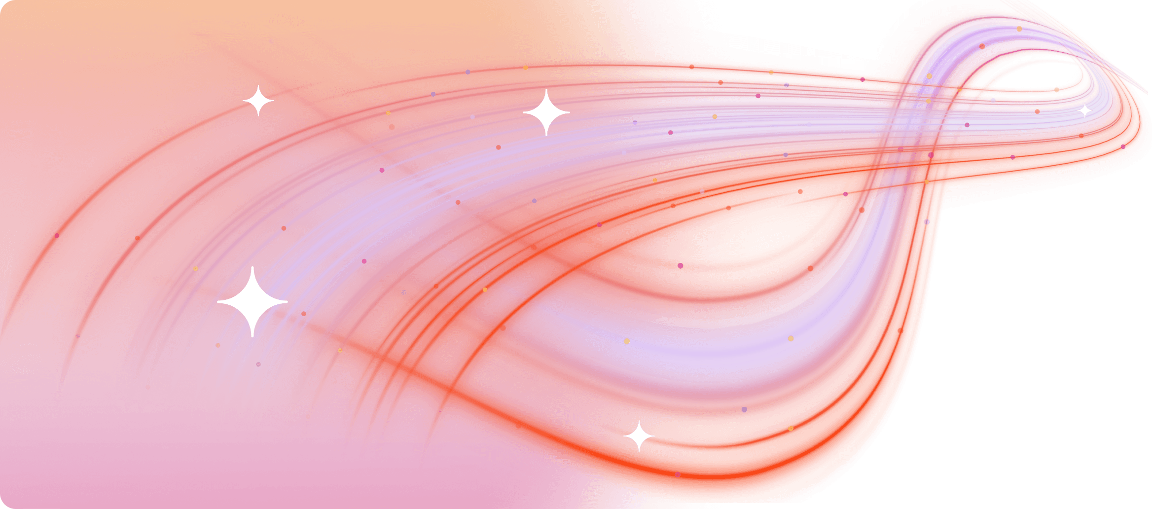 Design abstrait avec des lignes fluides rouges, oranges et violettes, agrémenté d’étincelles brillantes.