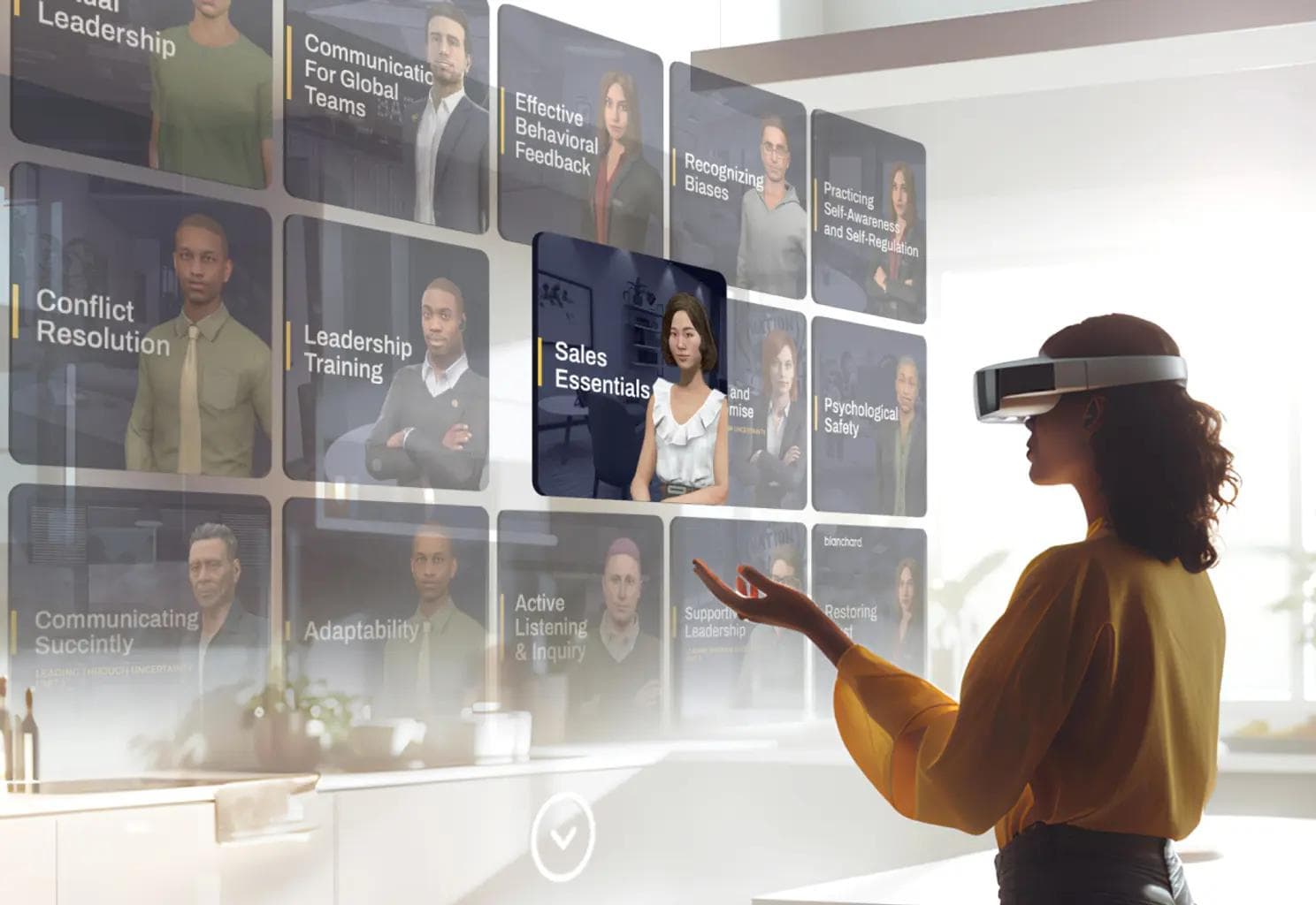 VRゴーグルを使用して、従業員のビジュアルやコンテンツタイトルを見ている女性の画像。