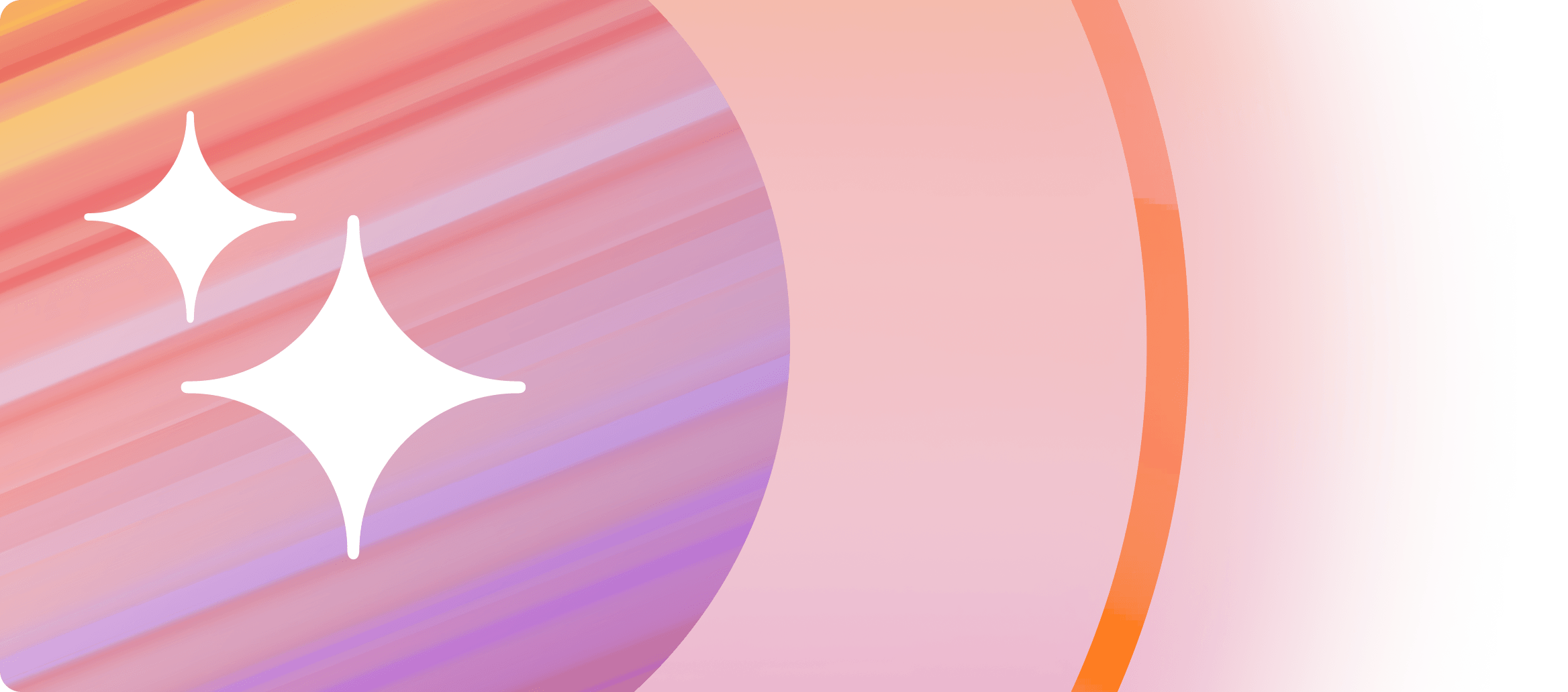 Design abstrait avec deux icônes d'étincelles blanches sur des rayures diagonales colorées et un grand dégradé incurvé.