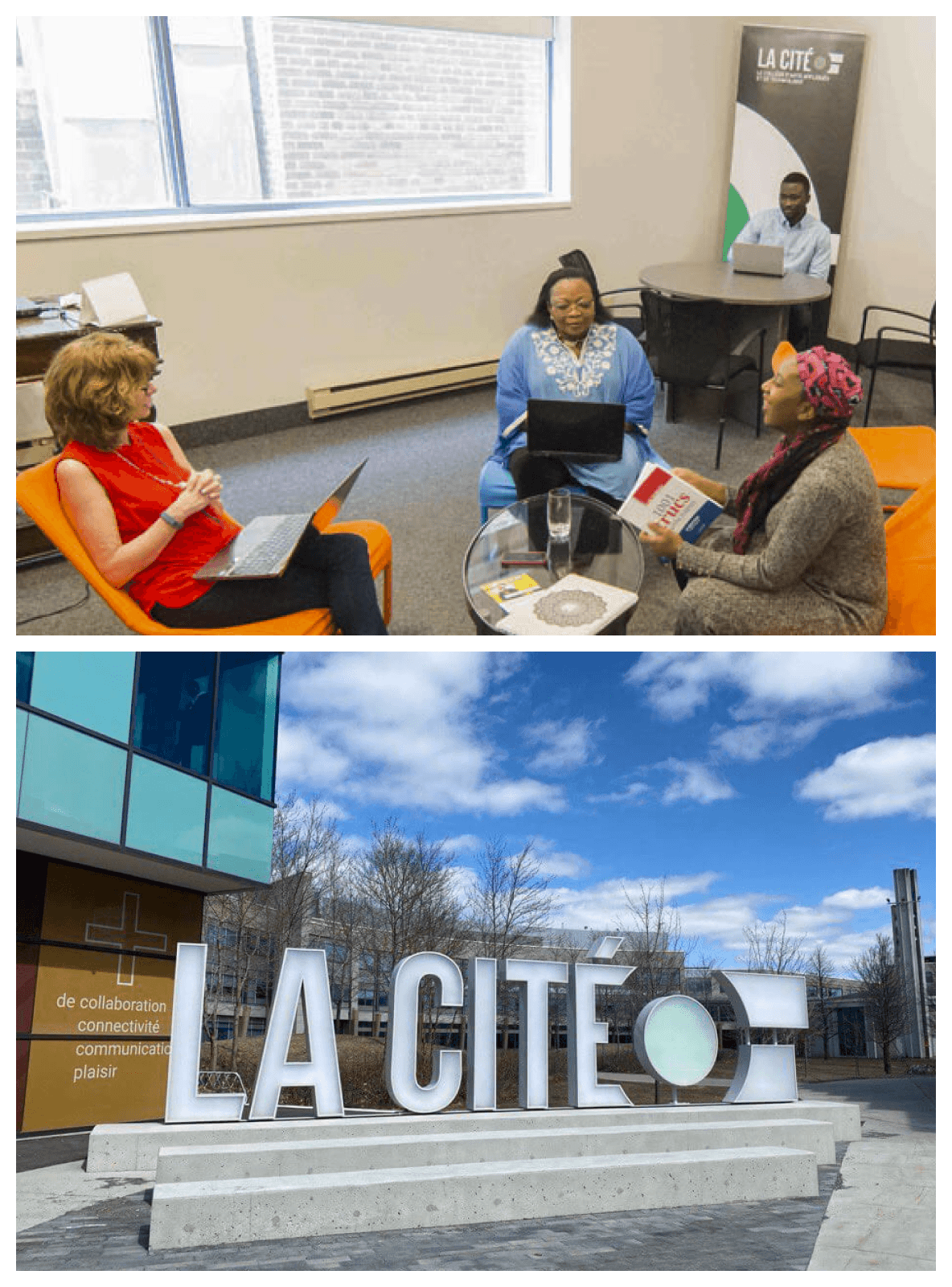 Imagen de collage de cuatro miembros del personal trabajando en una oficina junto a un letrero exterior de La Cité.