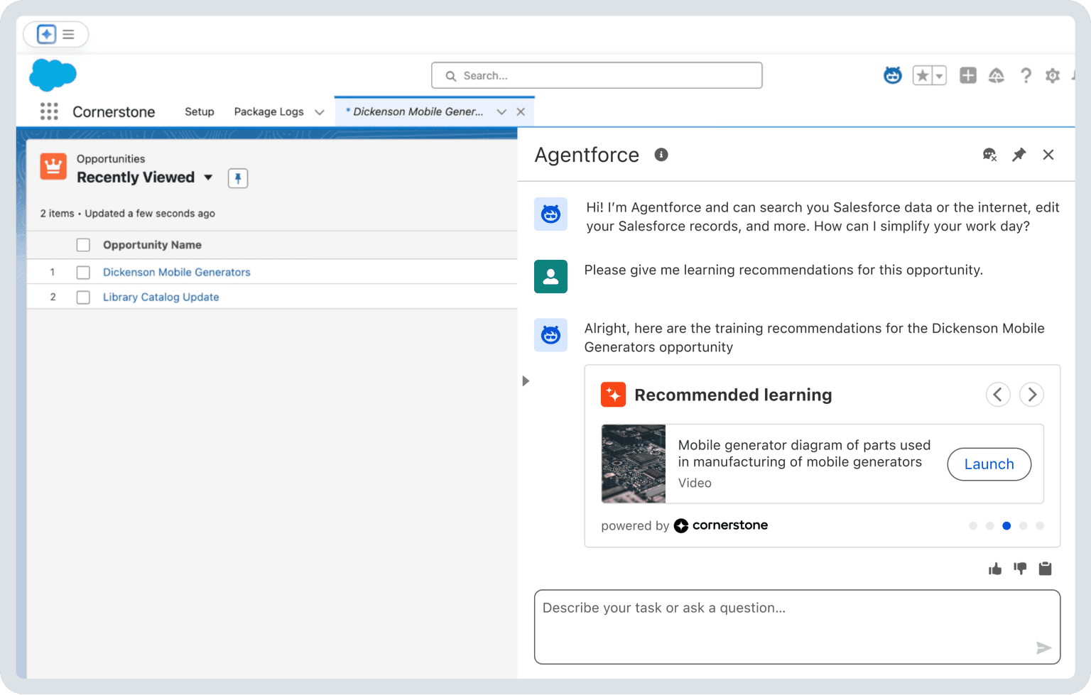 Salesforce-Schnittstelle mit Agentforce AI-Assistent, der Lernmaterialien für die "Dickenson Mobile Generators"-Gelegenheit empfiehlt, einschließlich eines Videos über Generatorschaltpläne.