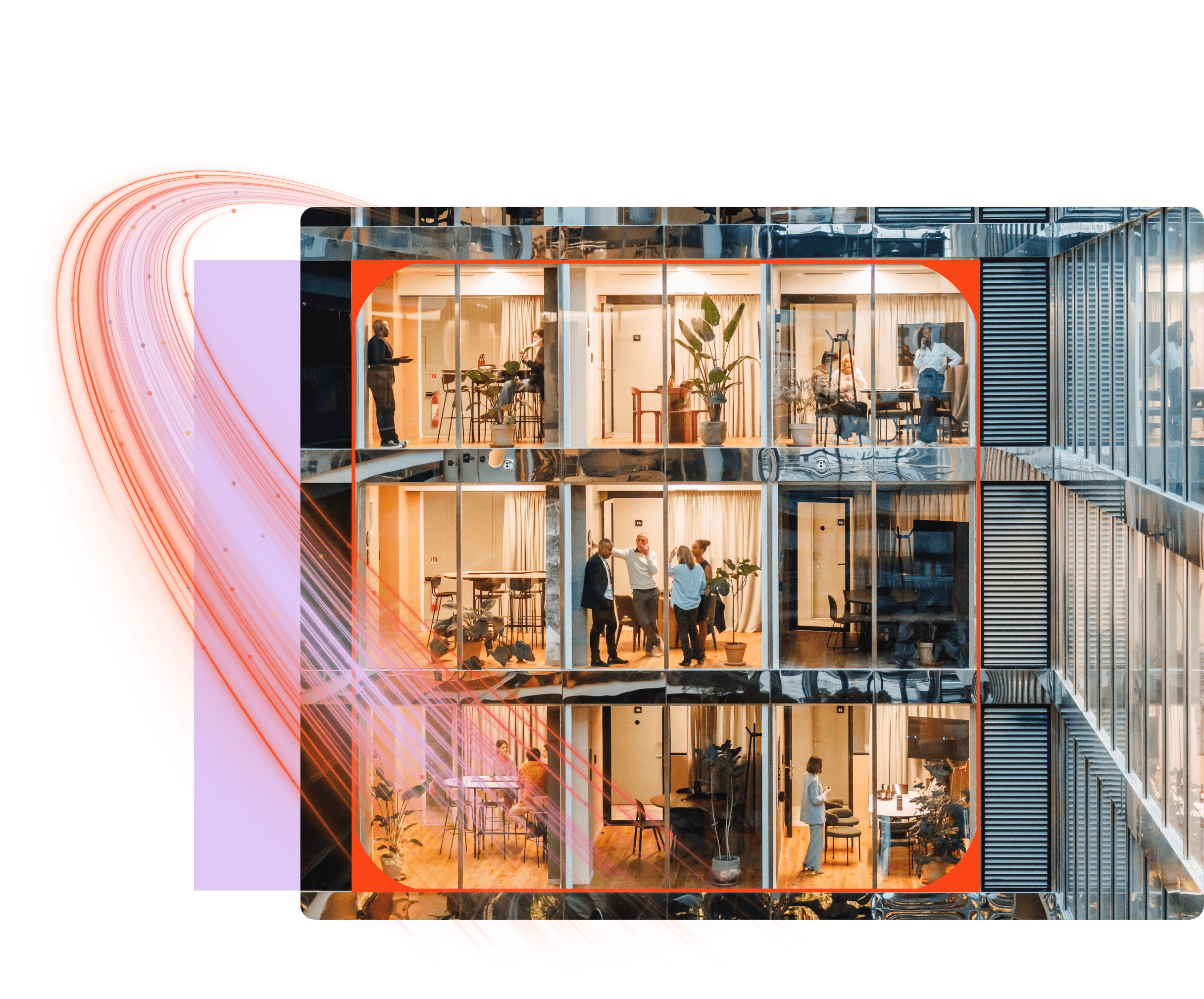 Immeuble de bureaux à plusieurs étages avec des collaborateurs au travail, sur lequel sont superposés des éléments graphiques orange et violets tourbillonnants.