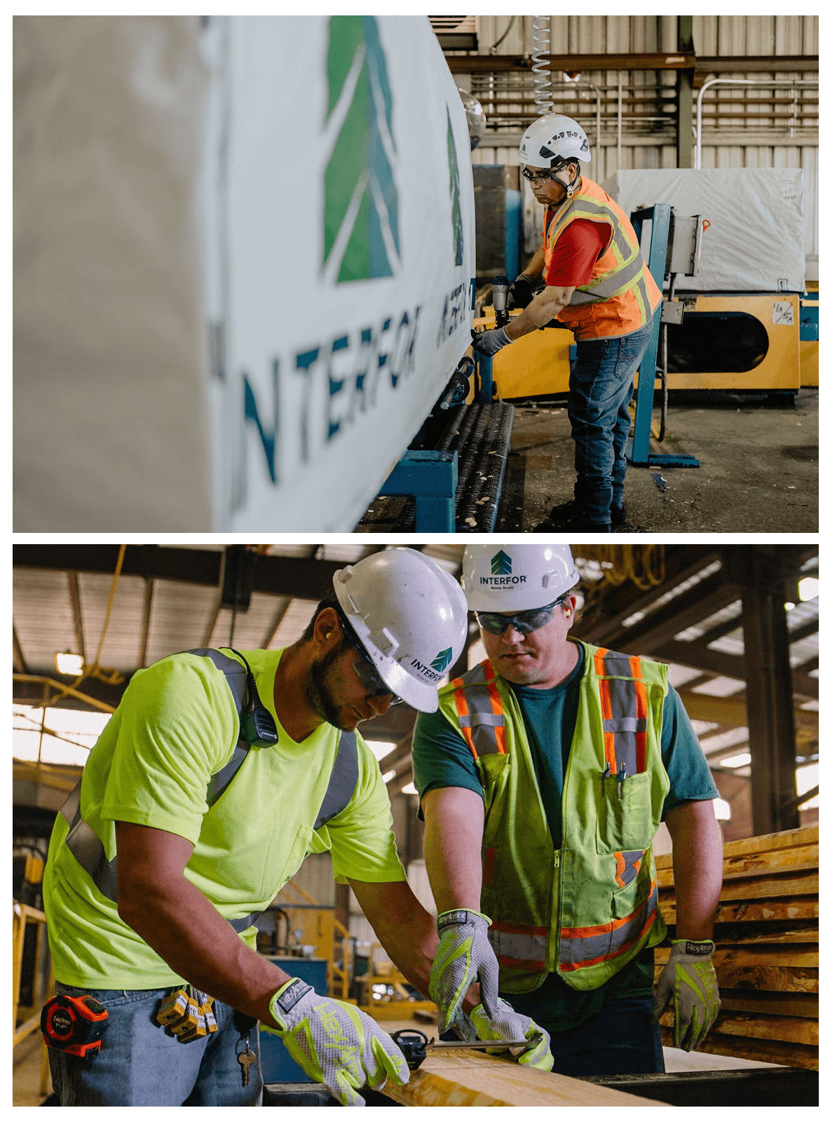 Collage image of Interfor employees at work. Interfor is a Cornerstone customer.
