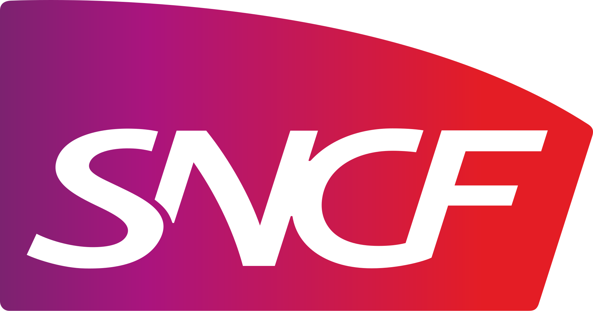SNCF-Logo mit weißem Text auf einem von Lila zu Rot verlaufenden Hintergrund.